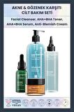 Akne & Gözenek Karşıtı Bakım Seti - Peeling Etkili Tonik Serum Arındırıcı Temizleyici Nemlendirici