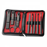 9 Parça Paslanmaz Çelik Çantalı Manikür ve Pedikür Seti El Ayak Tırnak Makası Seti-Siyah