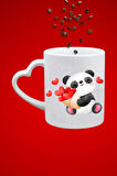 Kalpli Sevimli Panda Baskılı Hediye Kalp Kupa Bardak Porselen Çay Kahve Fincanı