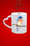 Blue Bird Minik Serçe Baskılı Hediye Kalp Kupa Bardak Porselen Çay Kahve Fincanı
