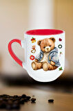 Yeni Yıl Oyuncak Ayı Teddy Bear Baskılı İçi Kırmızı Lüx Kupa Bardak Porselen Çay Kahve Fincanı