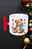 Yeni Yıl Oyuncak Ayı Teddy Bear Baskılı Kırmızı T Saplı Kupa Bardak Porselen Çay Kahve Fincanı