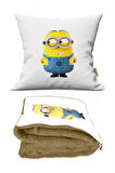 Minyonlar Desenli İç Dolgusu Battaniyeli Araç İçi Opsiyonel Yastık 36x36cm