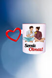 Sensiz Olmaz Baskılı Kalpli Kırmızı Kupa Bardak Çay Kahve Fincanı
