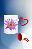 Lotus Çiçeği Baskılı Kalpli Kırmızı Kupa Bardak Çay Kahve Fincanı