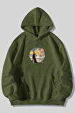 Üç İplik Yıldızlı Gece Baskılı Unisex Çimen Kanguru Cepli Kapüşonlu Sweatshirt Hoodie | L