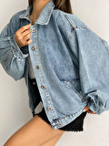 Kadın Balon Kol Oversize Çift Cepli Denim Ceket 