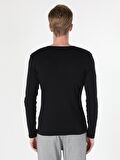 Slim Fit Placket Neck Erkek Siyah Tshirt U.Kol