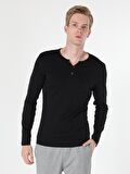 Slim Fit Placket Neck Erkek Siyah Tshirt U.Kol