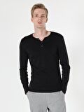 Slim Fit Placket Neck Erkek Siyah Tshirt U.Kol
