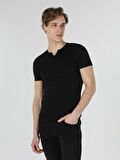 Slim Fit Placket Neck Örme Erkek Siyah Kısa Kol Tişört