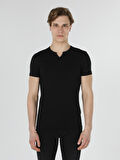Slim Fit Placket Neck Örme Erkek Siyah Kısa Kol Tişört