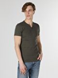 Slim Fit Placket Neck Örme Erkek Haki Kısa Kol Tişört