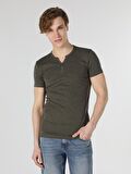 Slim Fit Placket Neck Örme Erkek Haki Kısa Kol Tişört
