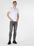Slim Fit Placket Neck Örme Erkek Beyaz Kısa Kol Tişört