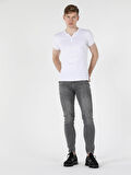 Slim Fit Placket Neck Örme Erkek Beyaz Kısa Kol Tişört