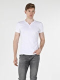 Slim Fit Placket Neck Örme Erkek Beyaz Kısa Kol Tişört