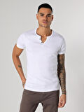 Slim Fit Placket Neck Örme Erkek Beyaz Kısa Kol Tişört