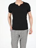 Slim Fit Placket Neck Basic Siyah Erkek Kısa Kol Tişört