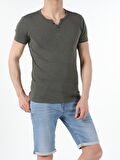 Slim Fit Placket Neck Basic Haki Erkek Kısa Kol Tişört