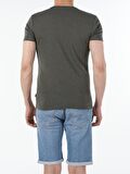 Slim Fit Placket Neck Basic Haki Erkek Kısa Kol Tişört