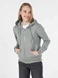 Regular Fit Kapüşonlu Fermuarlı Yeşil Kadın Sweatshirt