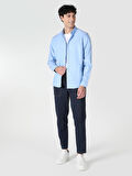 Slim Fit Shirt Neck Mavi Erkek Uzun Kol Gömlek