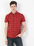Slim Fit Shirt Neck Erkek Kırmızı Kısa Kol Gömlek