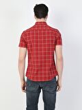 Slim Fit Shirt Neck Erkek Kırmızı Kısa Kol Gömlek