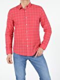 Kırmızı Slim Fit Shirt Neck  Erkek Uzun Kol Gömlek