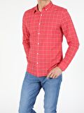 Kırmızı Slim Fit Shirt Neck  Erkek Uzun Kol Gömlek