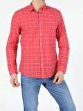 Kırmızı Slim Fit Shirt Neck  Erkek Uzun Kol Gömlek