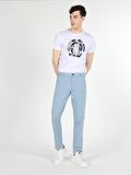 Slim Fit Orta Bel Düz Paça Erkek Açık Mavi Pantolon