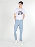 Slim Fit Orta Bel Düz Paça Erkek Açık Mavi Pantolon