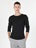 Slim Fit Bisiklet Yaka Erkek Siyah Tshirt U.Kol