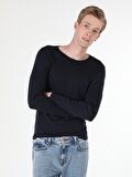 Slim Fit Bisiklet Yaka Erkek Lacivert Tshirt U.Kol
