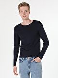 Slim Fit Bisiklet Yaka Erkek Lacivert Tshirt U.Kol