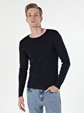 Slim Fit Bisiklet Yaka Erkek Lacivert Tshirt U.Kol