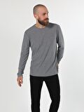 Regular Fit Bisiklet Yaka Erkek Gri Melanj Tshirt U.Kol