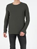 Slim Fit Bisiklet Yaka Erkek Haki Kazak