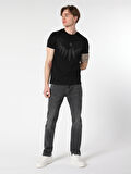 Slim Fit Bisiklet Yaka Baskılı Siyah Erkek Kısa Kol Tişört