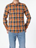 Slim Fit Kahverengi Erkek Ekose Desenli Çift Cepli Uzun Kollu Gömlek
