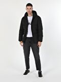 Slim Fit Kapüşonlu Siyah Erkek Mont