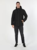 Slim Fit Kapüşonlu Siyah Erkek Mont