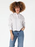 Regular Fit Kadın Beyaz Çizgili Uzun Kollu Gömlek