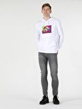 Regular Fit Kapüşonlu Baskılı Beyaz Erkek Sweatshirt