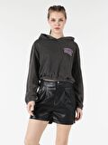 Regular Fit Kapüşonlu Yazılı Beli Lastikli Antrasit Kadın Sweatshirt