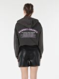 Regular Fit Kapüşonlu Yazılı Beli Lastikli Antrasit Kadın Sweatshirt
