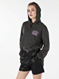 Regular Fit Kapüşonlu Yazılı Beli Lastikli Antrasit Kadın Sweatshirt