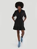 Regular Fit Pileli Belden Kemerli Siyah Kadın Elbise Cl1057649